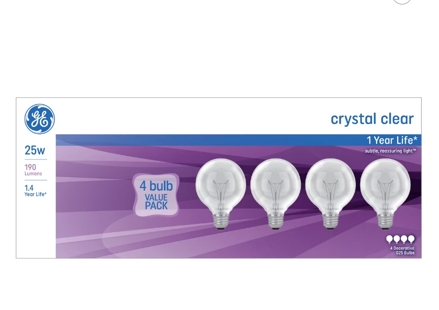 GE Lamp Bulb 25W Crystal Clear 4pk