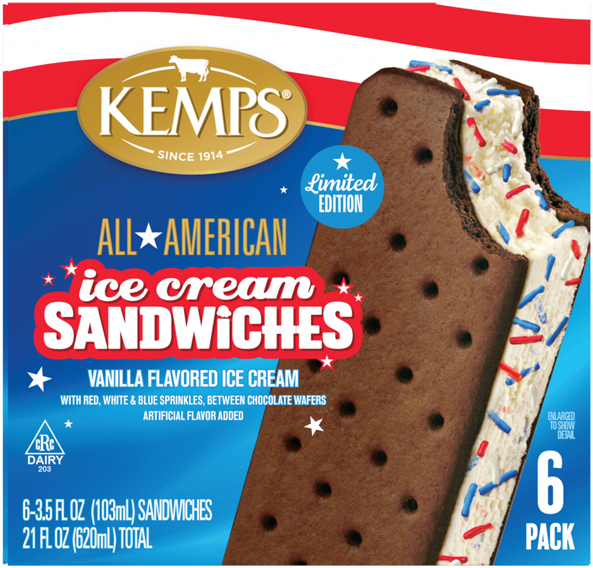 Kemps All American Ice Cream Sandwich 6pk